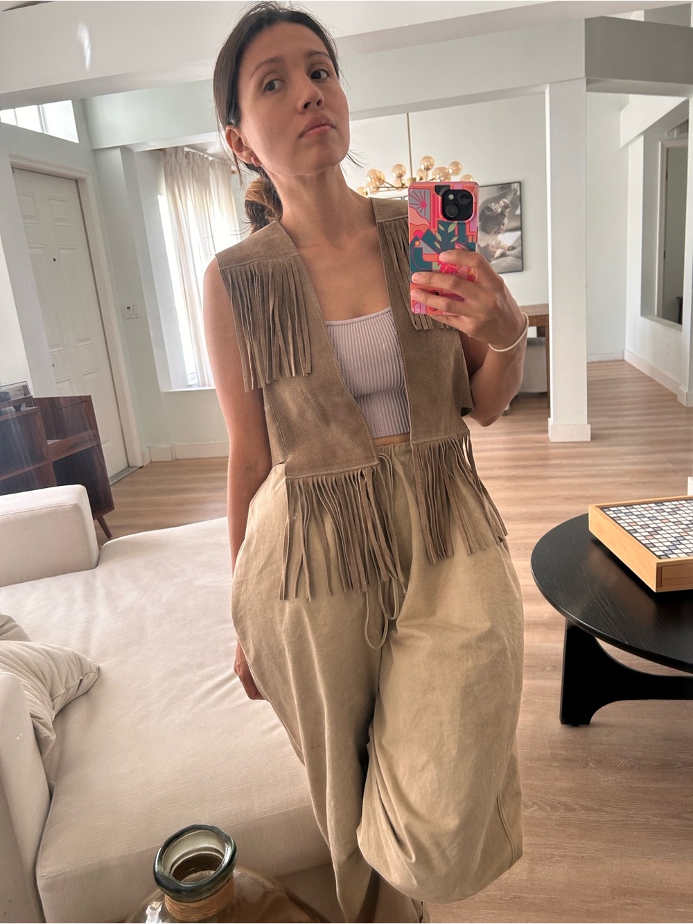 Casual Corner Taupe Suede Fringe Vest - Picture 5 of 6